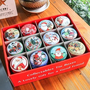 Christmas Round Tinplate Storage Box Metal Candy Gift Case For Holiday Party Decor Festive Pattern