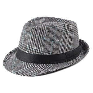 British style grey plaid wool jazz fedora hat with black ribbon band for men and women