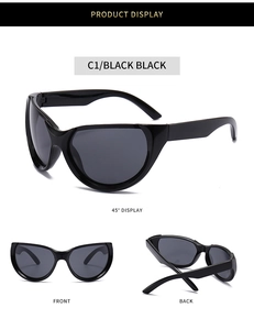 Trois vues de lunettes de soleil sport Y2K noires montrant l'avant, l'arrière et le profil