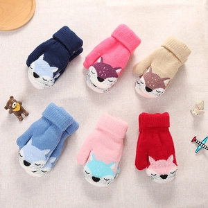 Toddler Knitted Mittens Thick Fleece Lined Cartoon Fox Pattern Warm Winter Gloves With Anti Loss String For Baby Kids