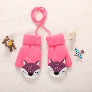 Pink knit fox pattern thermal winter mittens with neck string for toddlers and kids