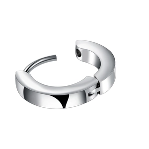 Detailed close-up showing the hinge mechanism and silver polished steel finish of the hoop earring