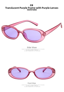 Detail view of oval purple transparent sunglasses C8 with matching tinted lenses