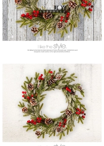 Detail of Christmas wreath featuring flocked pine needles, pine cones and red berries