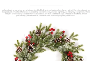 Close-up of frosted pine cones and red berries on a green Christmas wreath fragment