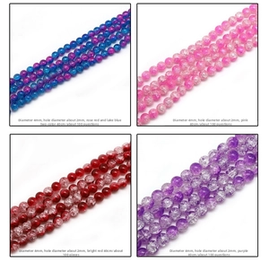 Detailed grid of 4mm crackle glass beads in rose-blue, pink, red, and purple colors