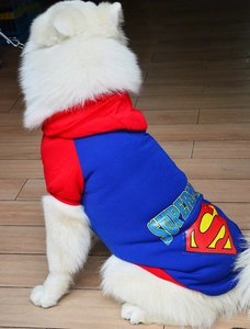 Detail view of a Superman-themed pet hoodie for large dogs with blue and red design