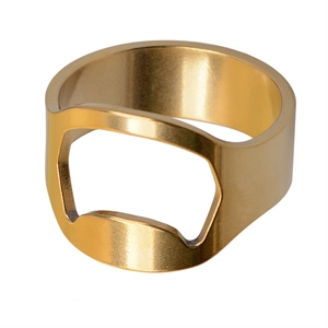 Detailed top view of a gold-plated stainless steel bottle opener ring with metallic gloss
