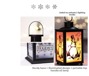 Detail of Christmas lantern with snowman print, metal handle and 3 lighting modes