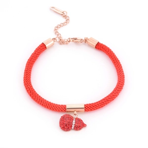 Red braided rope bracelet with rose gold stainless steel gourd pendant and red rhinestones