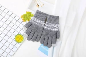 Détail du motif tricoté sur gants d'hiver gris avec jacquard et pointes tactiles