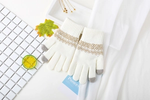 Détail de gants en tricot avec motif losange marron et bout des doigts tactiles gris