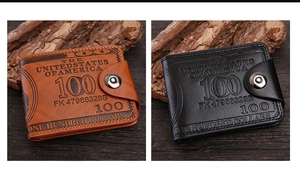 Detailed comparison of brown and black leather bifold wallets with dollar sign embossing