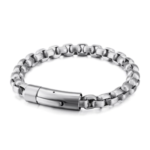 Men's titanium steel striped link bracelet with cylindrical push-button clasp closure