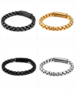 Detail view of four men's stainless steel box chains in black, gold, and silver finishes