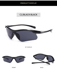 Detailed views of black aerodynamic sports sunglasses with one-piece wrap lenses
