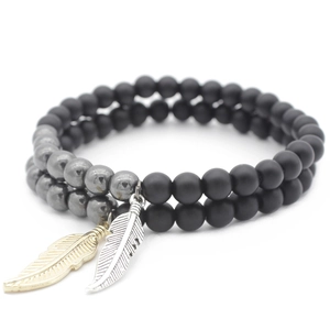 Beaded Bracelet Matte Black Stone Hematite Alloy Leaf Pendant Elastic Jewelry Retro Style Unisex