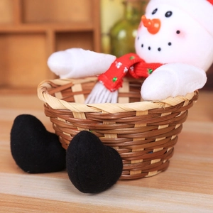Charming snowman Christmas candy basket made of natural bamboo with festive red scarf