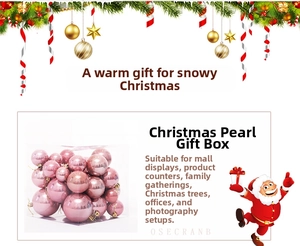 Detail of 37-piece pearlescent pink Christmas balls set in a clear plastic gift box