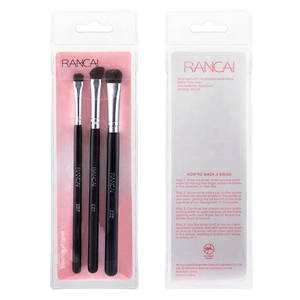 Professional 3-piece pony hair eyeshadow brush set with wood handles in PVC bag packaging