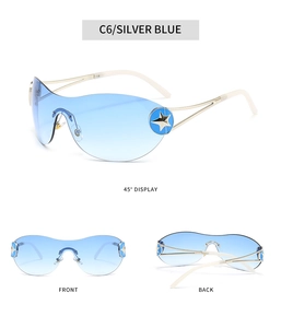 Détails de lunettes de soleil Y2K avec étoile, vues de face et de profil en bleu argenté