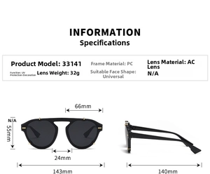 Detailed technical diagram of 33141 sunglasses showing frame dimensions and UV lens specs