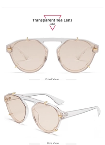 Detail of oversized clear resin sunglasses with amber lenses and gold metal rivets