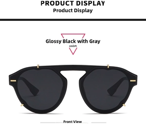Front view of trendy sunglasses with shiny black frames and grey polarized lenses