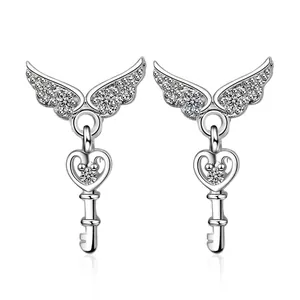 Angel Wing Heart Key Stud Earrings For Women Copper Rhinestone Korean Fashion Elegant Dainty Wing Key Drop Earrings