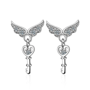 Elegant silver angel wing and heart key stud earrings with shimmering clear zircons