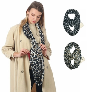 Detail of infinity leopard scarf featuring hidden zipper pocket for storage