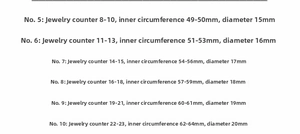 Size guide for double V ring showing inner circumference and diameter from size 5 to 10