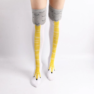 Detailed knit of funny chicken feet over-knee socks with yellow bird claw patterns