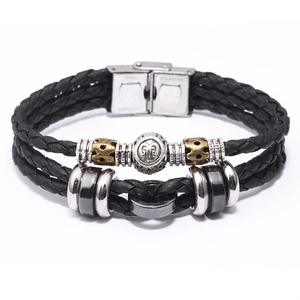 Zodiac Constellation Braided Leather Bracelet Hematite Stainless Steel Buckle Vintage Fashion Jewelry For Men