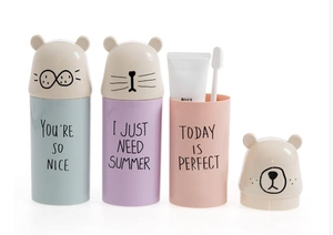 Cute bear cartoon travel toothbrush cup set in pastel blue, purple and pink colors