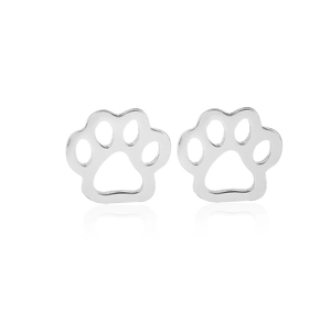 Macro detail of silver paw print stud earrings with a high-polished mirror finish