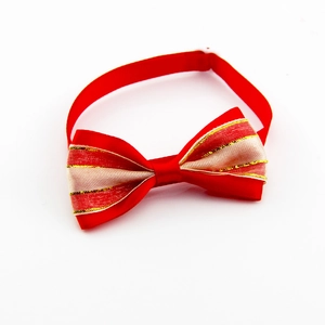 Dettaglio di un papillon rosso in raso per cani con strisce dorate glitterate e fibbia