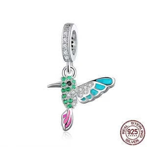 Authentic S925 sterling silver hummingbird charm with blue enamel and green zircon stones