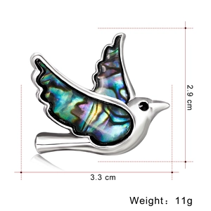 Exquisite bird brooch with natural abalone shell inlay, silver finish, 3.3cm wide