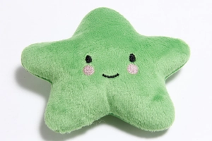 Close-up of green plush star pet toy with soft texture and embroidered smiling face