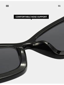 Detail view of the comfortable integrated nose support on black chunky cat-eye sunglasses