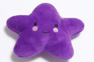 Close-up of soft purple star-shaped plush dog toy with embroidered smiley face