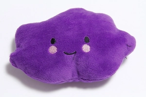 Detailed view of purple cloud plush toy with intricate embroidered facial features
