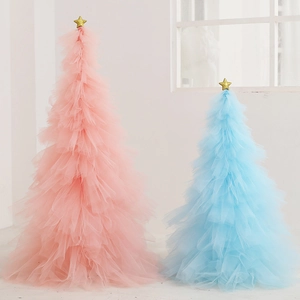 Mini mesh tulle Christmas tree desktop decor in pink and blue with gold star topper