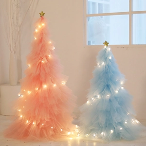 Christmas Tree Tulle Mesh Decor With Wood Base And Led Lights Dreamy Star Topper Desktop Floor Ornament