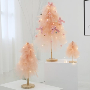 Pink tulle mini Christmas trees with LED lights and wooden base for desktop decor