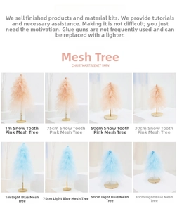 Comparison of pink and blue tulle Christmas trees in 30cm to 1m sizes on wooden bases