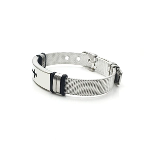Men's titanium steel mesh bracelet with rectangular black cross plaque and rubber rings