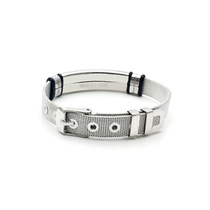 Detail of silver stainless steel mesh bracelet featuring watch buckle and blank ID tag