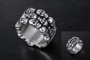 Detailed close-up of a silver skull relief ring in stainless steel for men